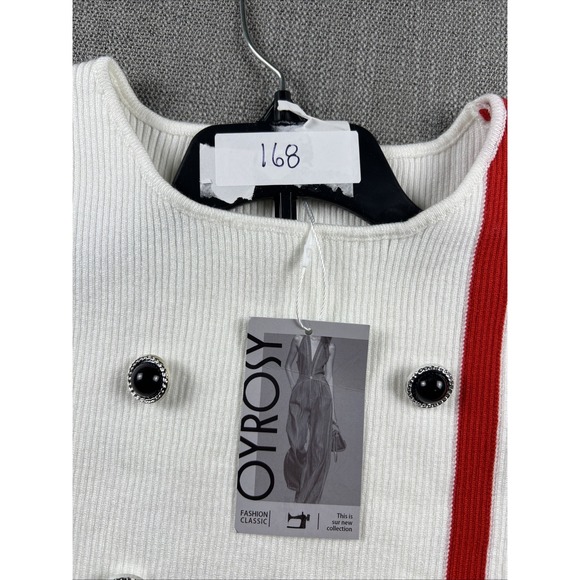 Oyrosy Sleeveless Ribbed Sweater Dress Womens SZ MED White Red W/Black Buttons - Picture 13 of 13